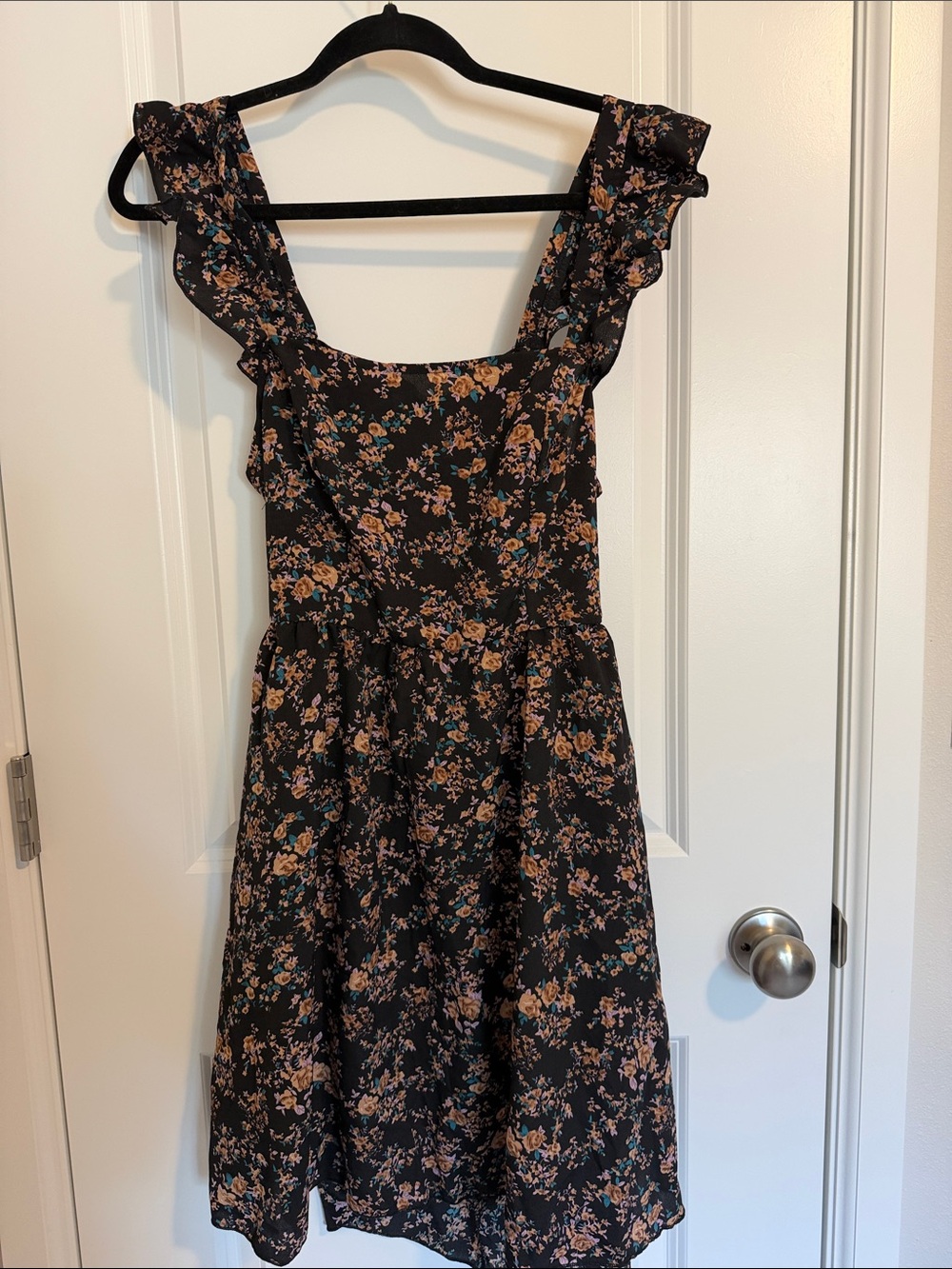 Floral Ruffle Strap Sundress in Black with Peach Print